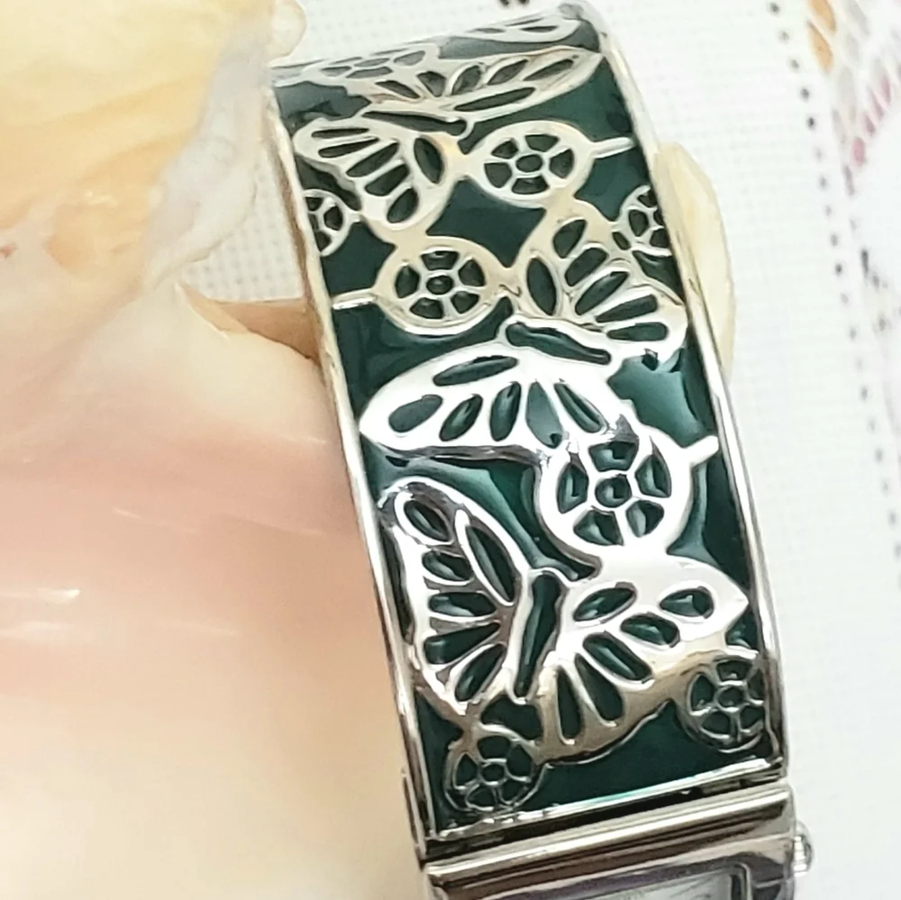 Green Kristine Engraved Butterfly Enamel Cuff Watch Silver Band Quartz